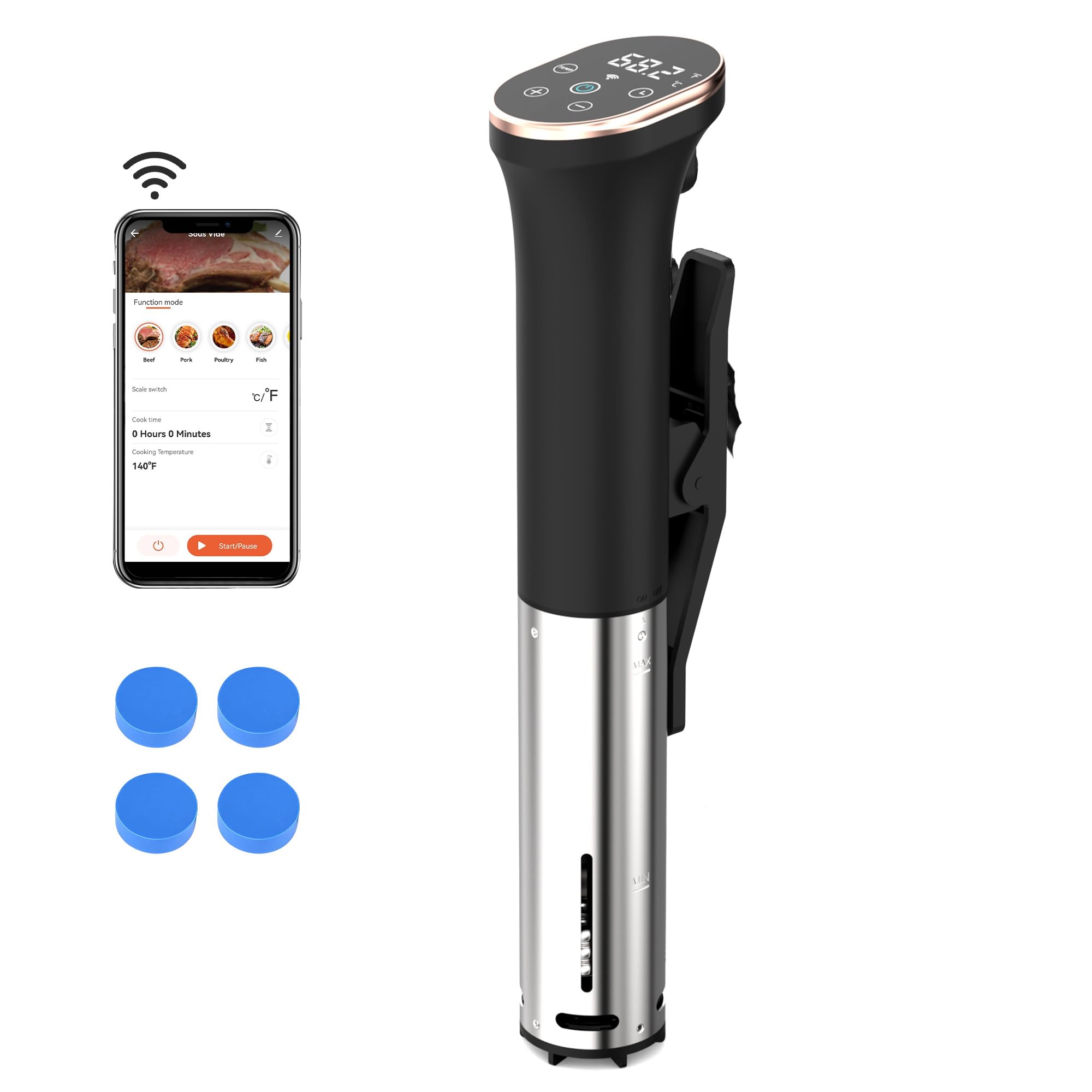 Karinear Thermoplongeur Wi-Fi Cuisson Sous Vide | 1400W Cuiseur Sous Vide | 10-90°C, Minuterie de 1-99 Min | Thermoplongeur Cuisine avec Aimant Sous Vide | Contrôle par Appliacation (Wi-Fi 2,4 G)