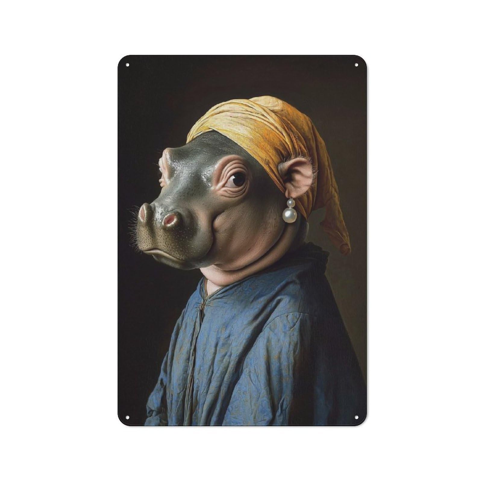 Junmoney Girls Style-3 Hippo With Pearl Earring Rustic Metal Sign 30X20cm For Pub Or Café, For Collectors Of Rustic Metal Wall Decor
