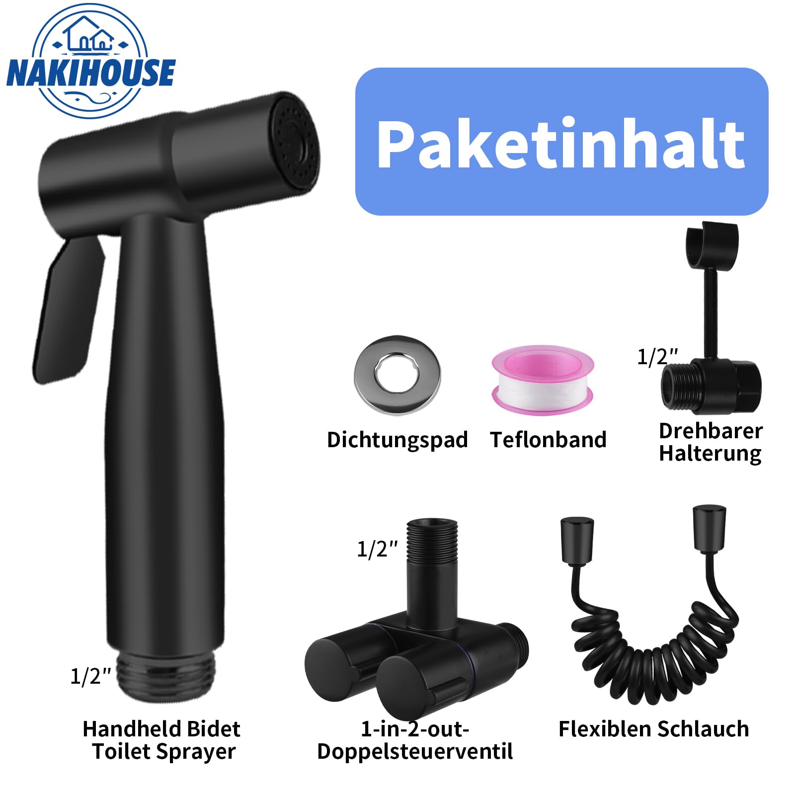 Bidet Handbrause für Toilette, Edelstahl Bidet Handbrause Set mit 1-in-2-Out Doppelsteuerventil Wasserhahnspender und Schlauch zum Waschen von Haustieren, Reinigen des Bades, Schwarz