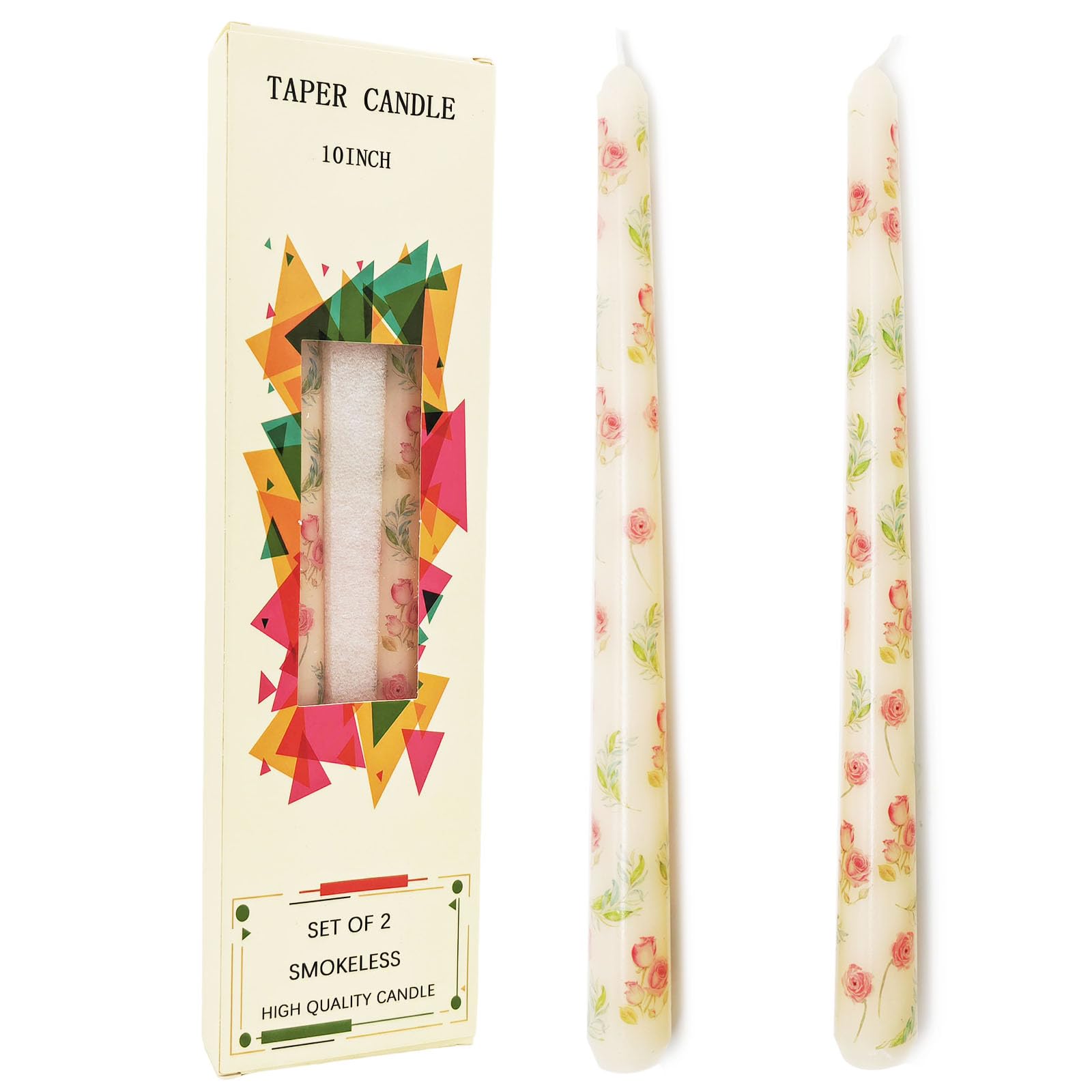 FYBW 2 Pack Ivory Taper Candles, Flowers Print Taper Candles 10 Inch Unscented, Smokeless, Dripless, Ideal for Weddings, Mother's Day