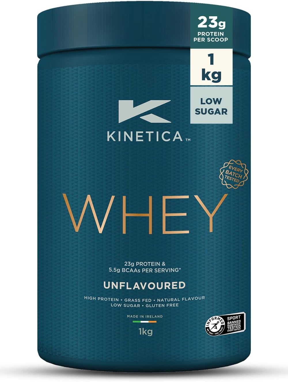 Kinetica Whey Protein in polvere, 33 dosi, non aromatizzato, 1 kg. Basso contenuto di carboidrati, siero proveniente da allevamento al pascolo