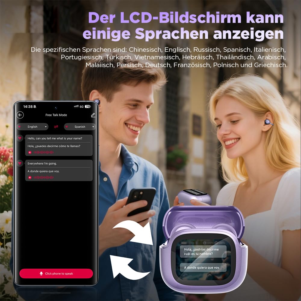 AI - Traduttore per cuffie NE32, in tempo reale, 136 lingue con app, cuffie Bluetooth senza fili, 3 in 1,40H, per iOS e Android, apprendimento, da viaggio viola