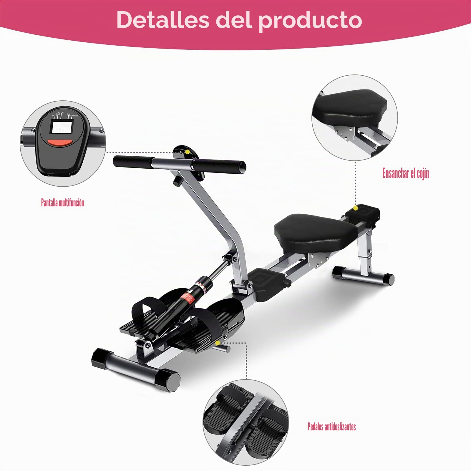 Hidráulica - Remo doméstico Resistencia Ajustable (12 Niveles de Resistencia) Pantalla LCD silenciosa Pedales Antideslizantes Almacenamiento Vertical para Ahorrar Espacio