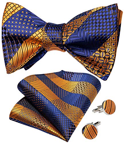 Image of DiBanGu Men Bow Tie Paisley Striped Self-Bow Tie for Men and Silk Woven Bowtie Pocket Square Cufflinks Wedding Party