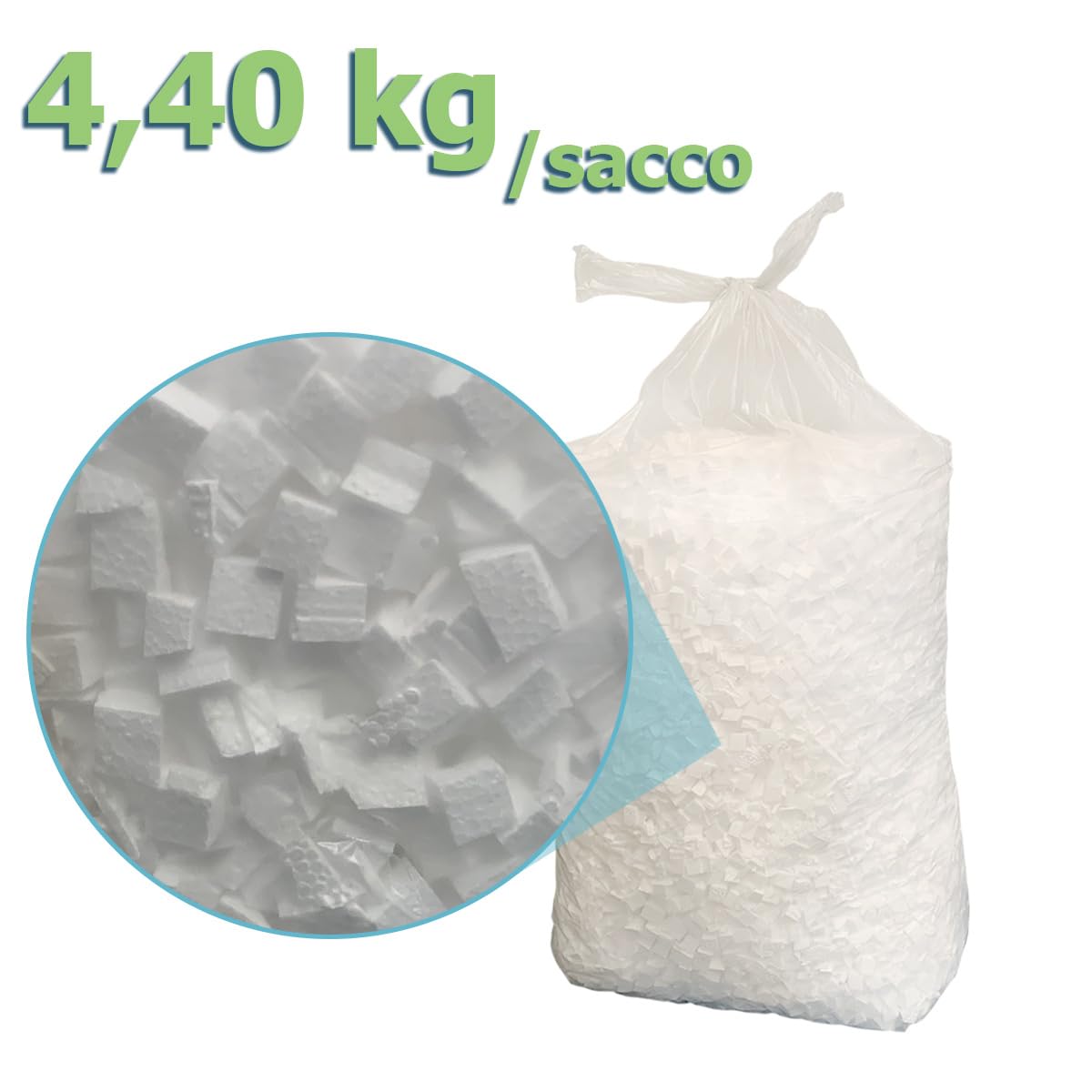 Sicignano Trucioli di Polistirolo Espanso Sacco da 4,4 kg Cad. (Circa 220L), Leggero e Ammortizzante Truciolato Ideale per Imballaggi, Riempimenti, Protezione Oggetti e Lavori Creativi