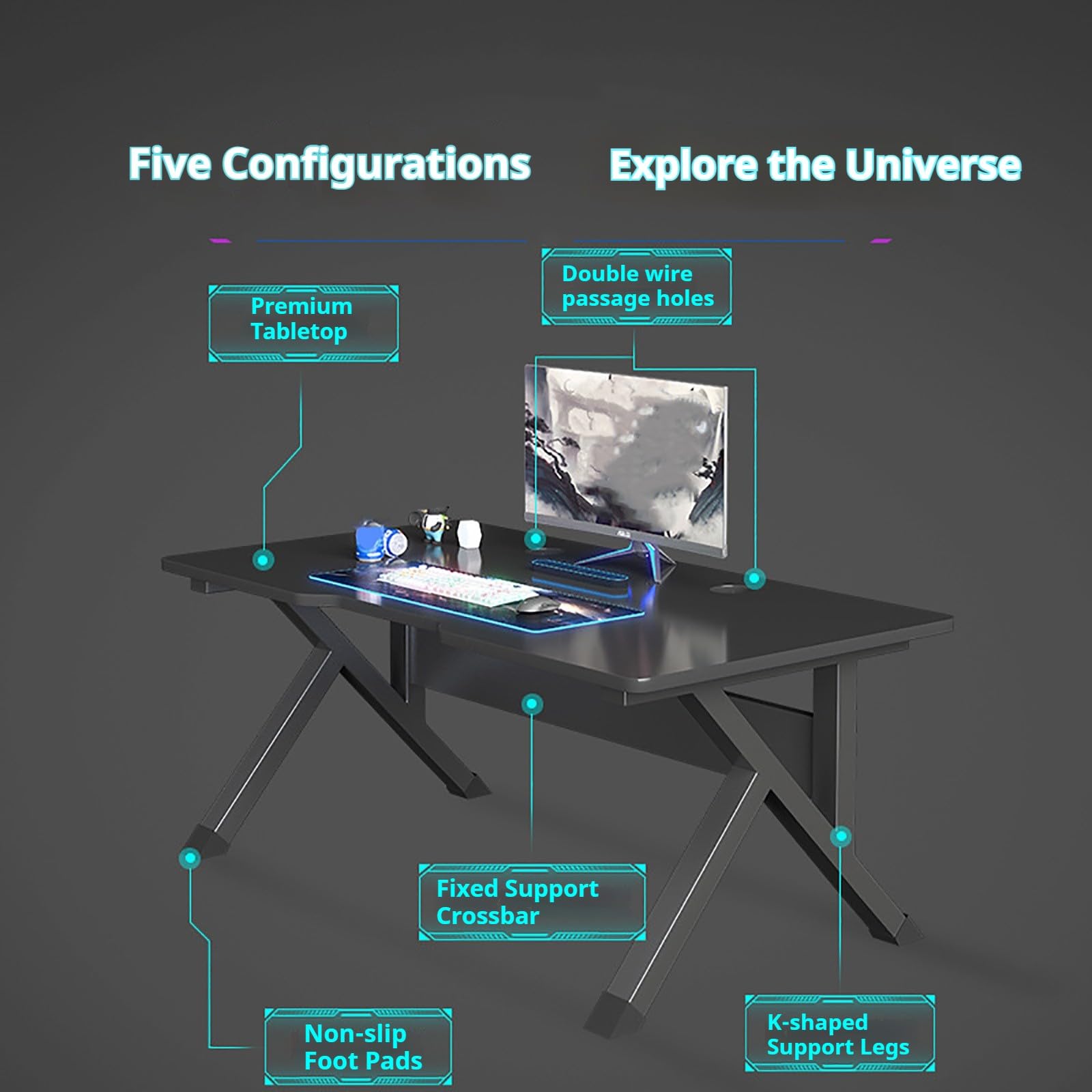 Scrivania da gioco Home Office Design salvaspazio facile da montare si adatta a monitor da 80 pollici, perfetta per giocatori e professionisti.