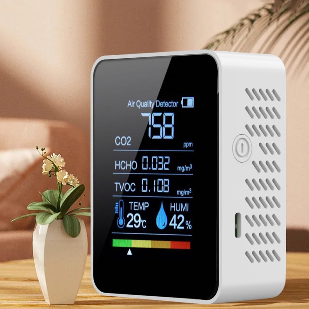 Moniteur de qualité de l'air 5 en 1 Détecteur CO2 d'intérieur Professionnels HCHO TVOC Testeur avec capteur de température et d'humidité Rechargeable Écran LED Analyseur de qualité de l'air