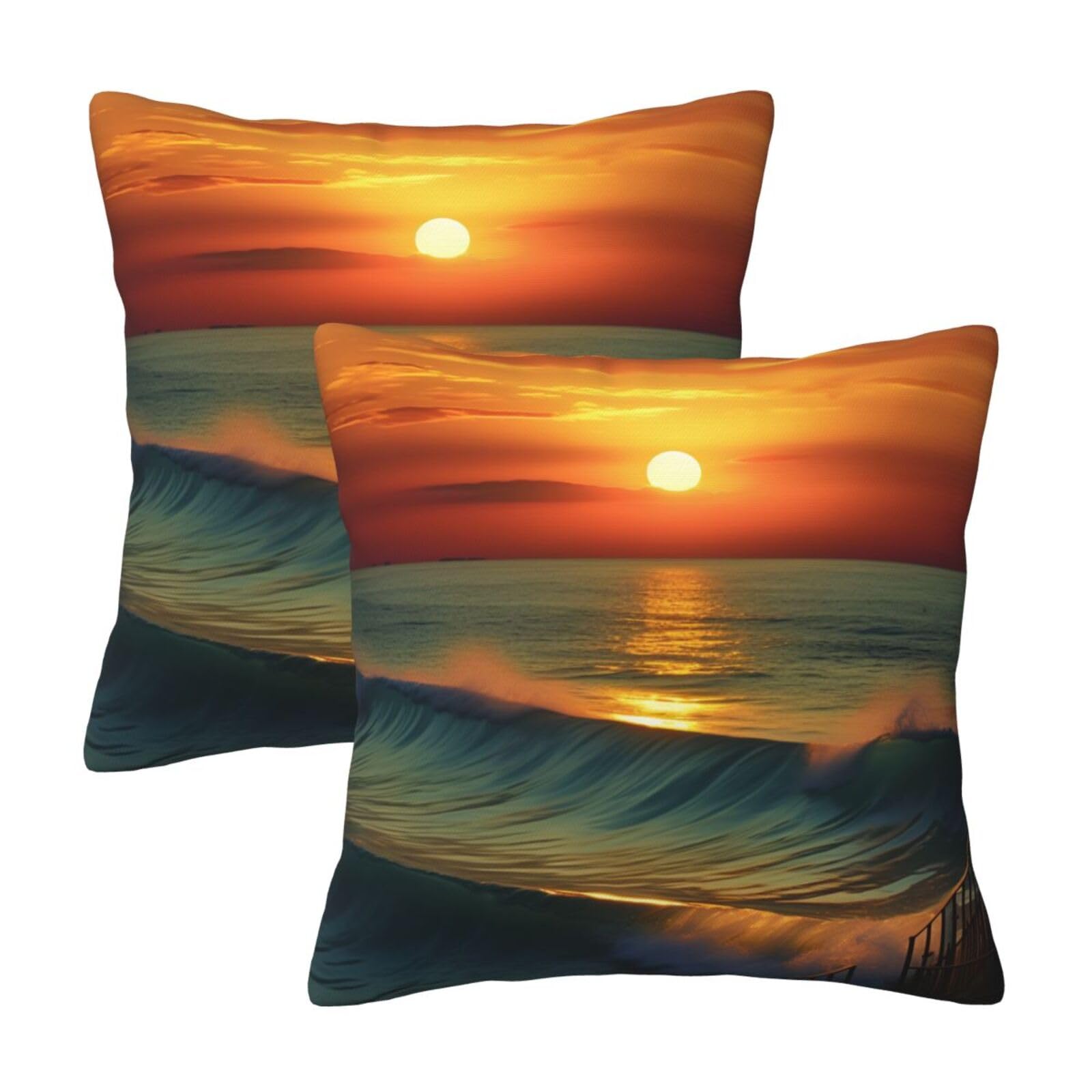 Sunset Seaside Throw Pillow Cases 2 Pack Square Pillowcases Soft Pillow Protectors for Couch Livingroom Sofa Bed Office Car,30x30 CM