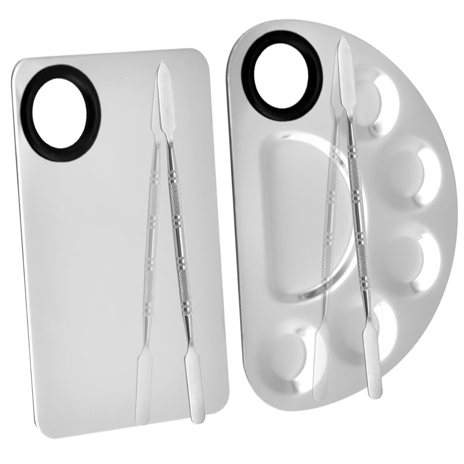 Issang Silver Stainless Steel Metal Makeup Palette With Spatula, Artist Tool For Mixing Foundation Nail-Art, Cosmetic Makeup Palette, Makeup Plate, /2Pcs