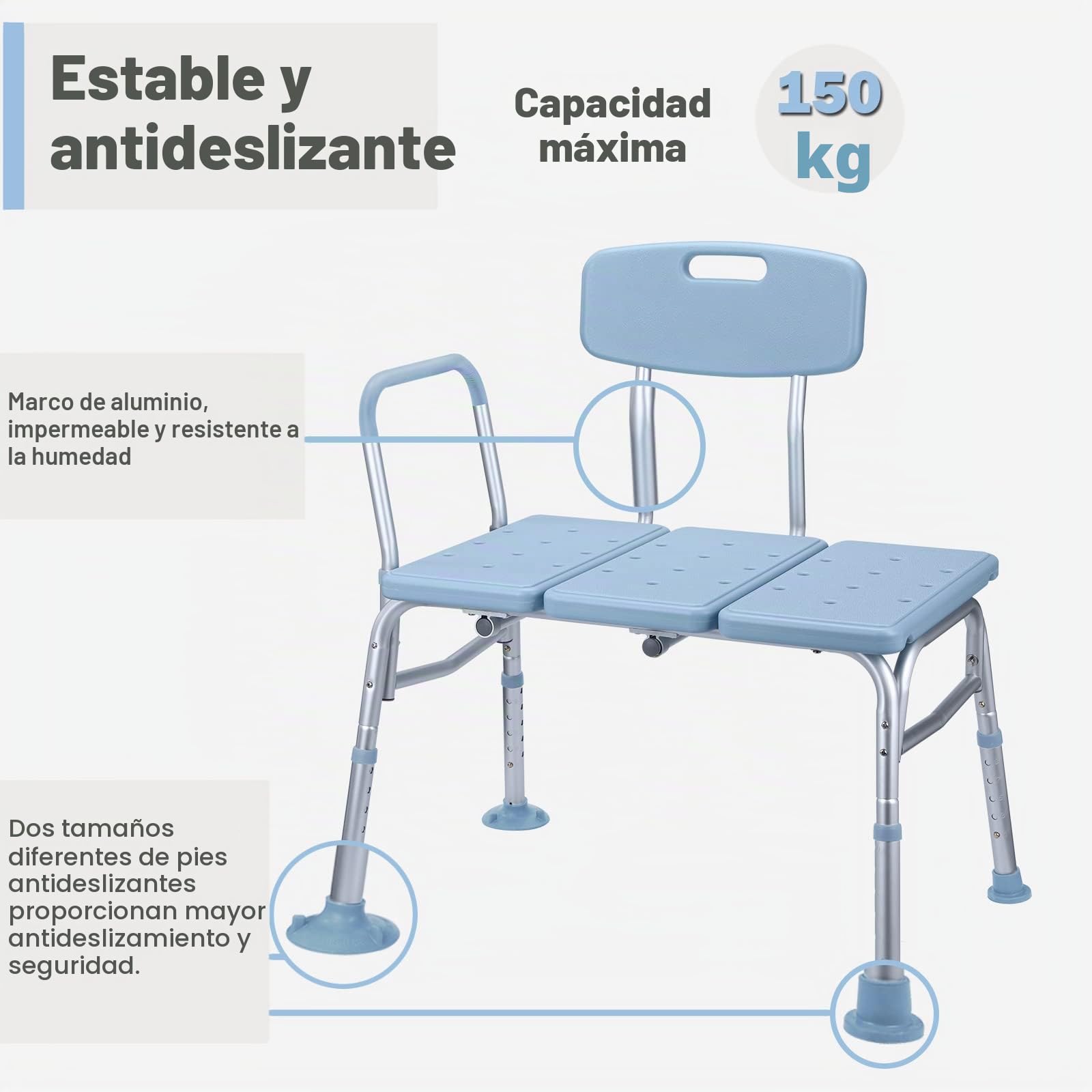 UISEBRT Asiento de bañera para personas mayores, altura ajustable, silla de ducha antideslizante, hasta 150 kg, con respaldo y reposabrazos