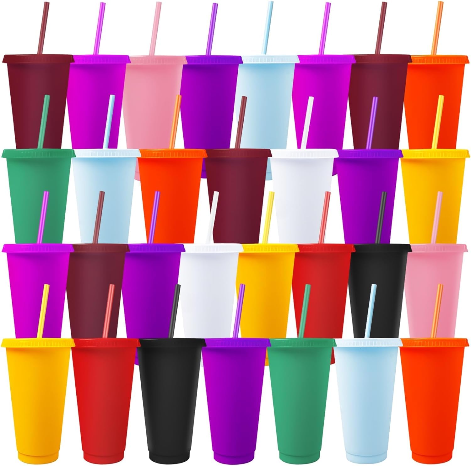 30 Pack Tumbler with Straw and Lid Bulk, 24 oz Plastic Reusable Cups, Iced Coffee Travel Mug Cup, Water Bottle for Smoothie Party Birthday (Solid Color)