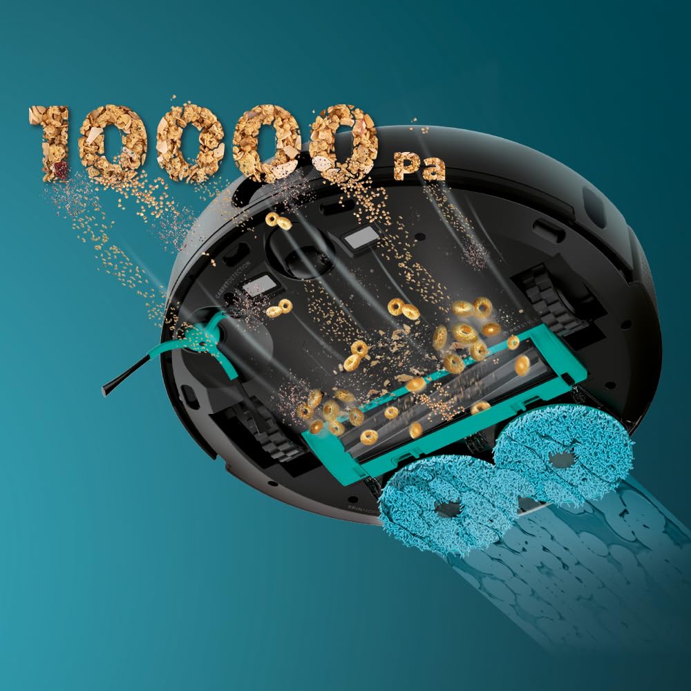 Cecotec Robot Aspirador y Friegasuelos con Base Autovaciado Conga 9590 Spin Revolution Ultra Power Home Essential. Navegación Láser, 10000Pa, App, Autonomía 240min, Cepillo Mascotas, Mopas Gitarorias