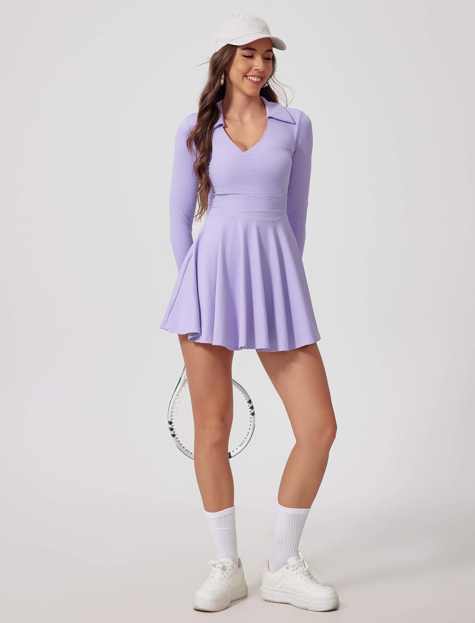 IDOPIP Robe de tennis à manches longues pour femme - Avec soutien-gorge et short intégrés - Mini robe d'été sexy - Col en V - Robe polo avec poche - Jupe de tennis - Combinaison de sport pour