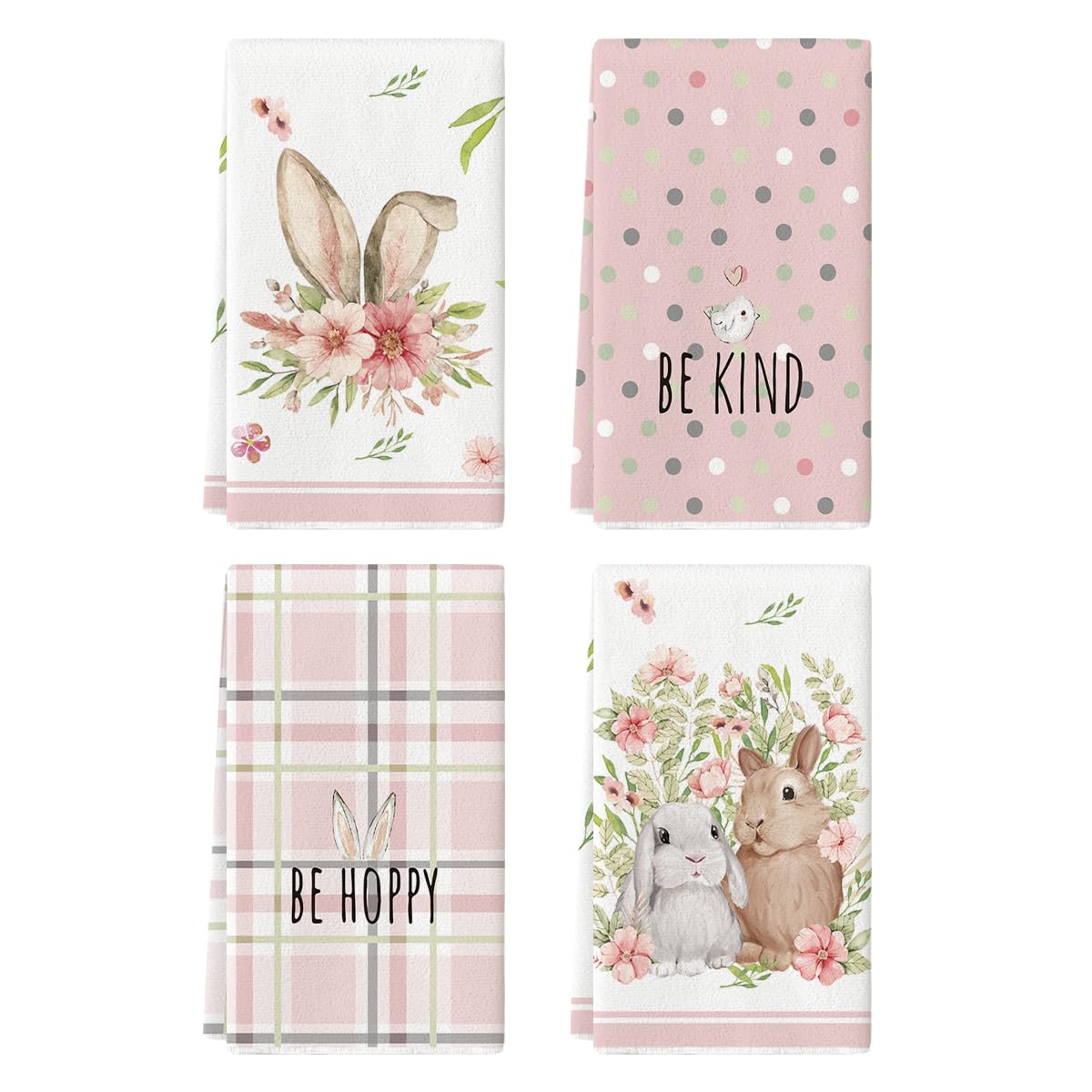 Pink Bunny Rabbit Ears Floral Leaves Easter Kitchen Towels Dish Towels, 18x26 Inch Be Kind Seasonal Decoration Hand Towels Set of 4