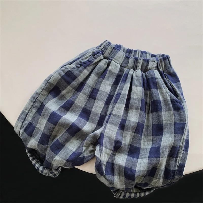 Kids Double Layer Cotton Vintage Solid Grid Pants Loose Casual Trousers2