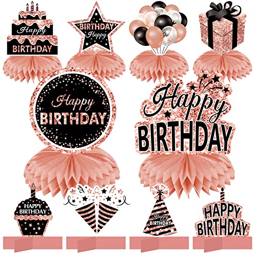 10Pcs Rose Gold Birthday Decorations Honeycomb Centerpieces for Girls Women, Rose Gold Black Happy Birthday Table Centerpieces Party Supplies,16th 18th 21st 30th 40th 50th 60th Bday Table Topper Decor