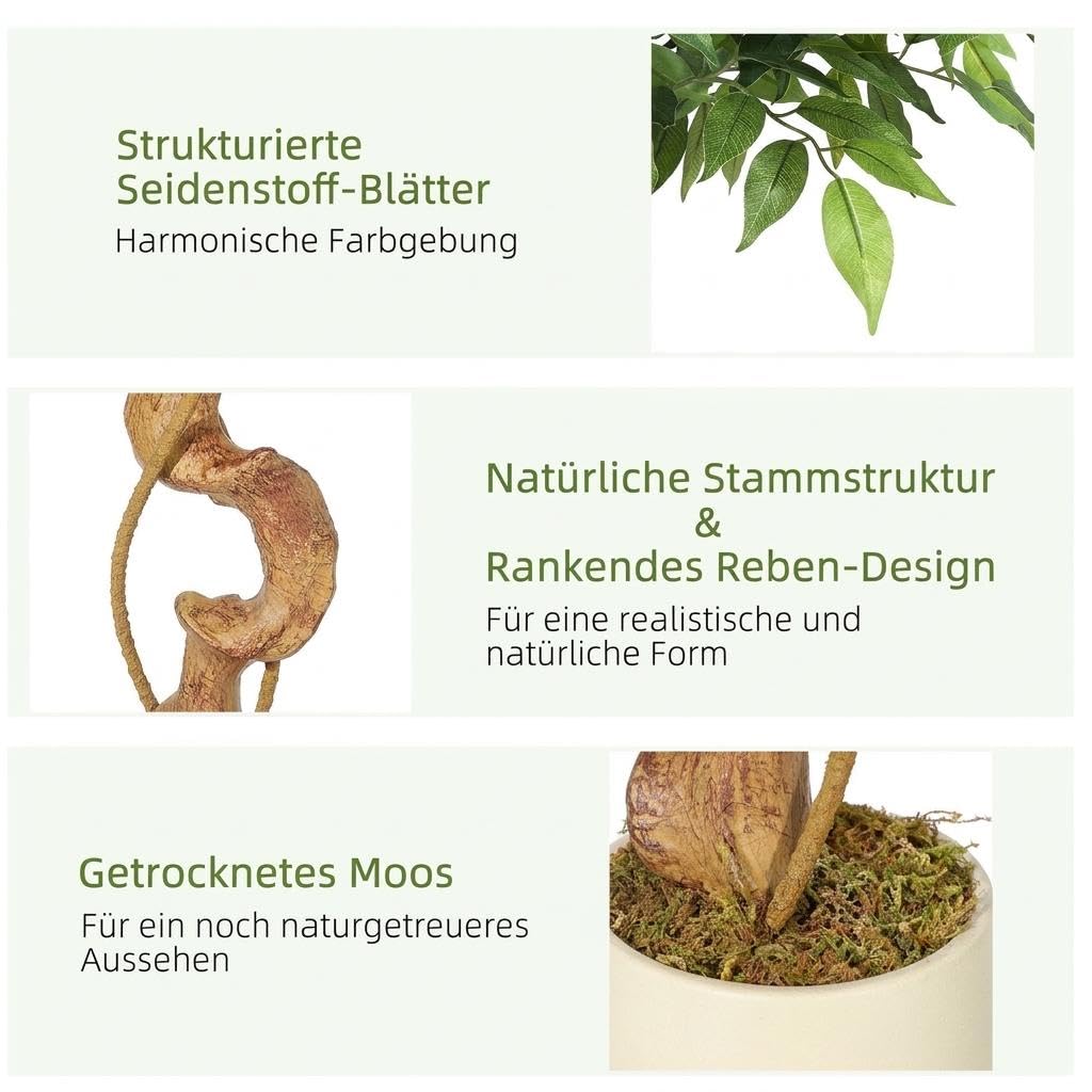 Artificial Ficus Tree 120-180 cm, Kunstpflanzen Groß Inklusive Weißem Blumentopf, Kunstpflanze Outdoor Wetterfest Für Wohnzimmer, Schlafzimmer, Bürodekoration