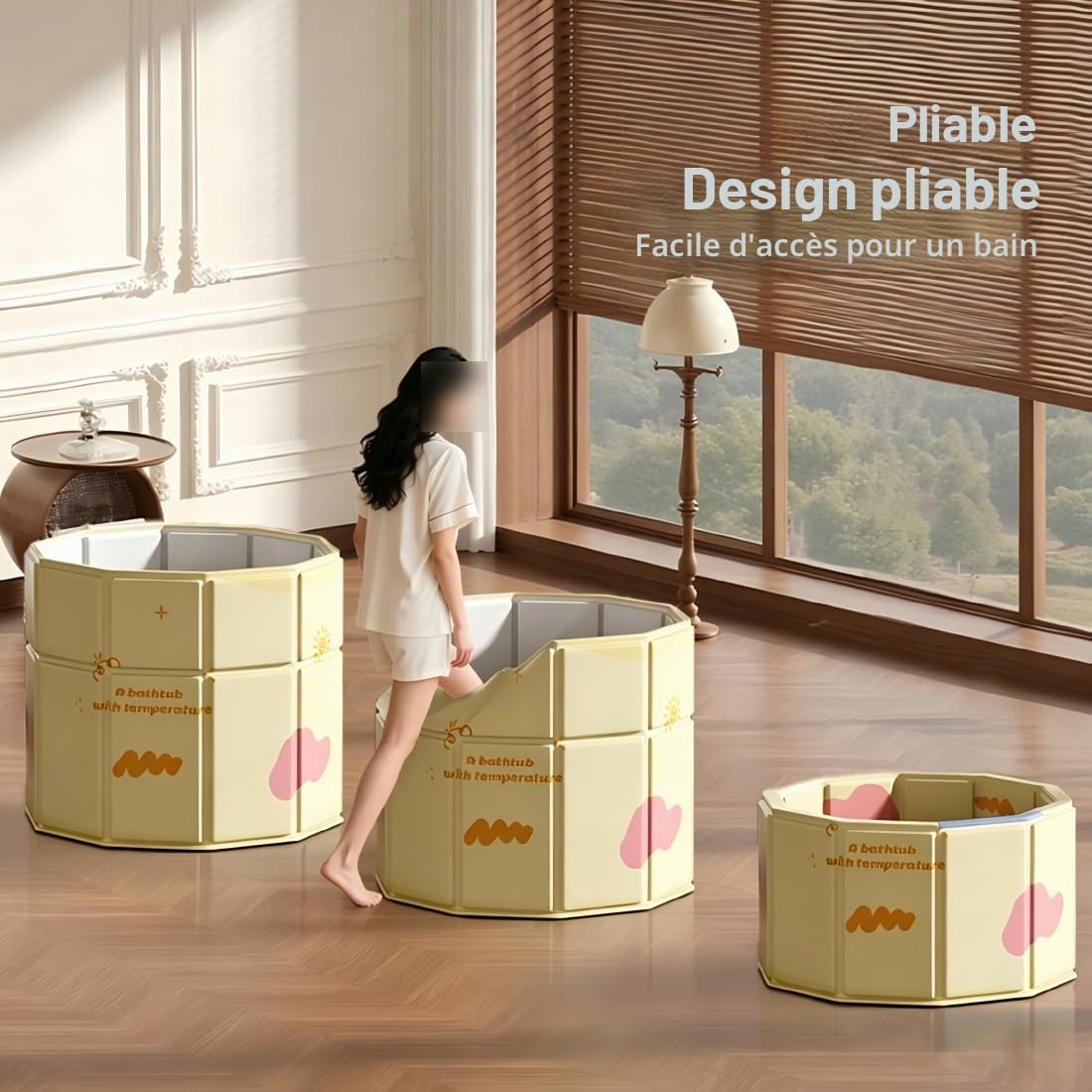 Baignoire pliable, jaune, 70 x 70 cm, pour adulte, portable, pliable, salle de bain familiale, spa, trempage, pas d'installation pour la maison et l'extérieur