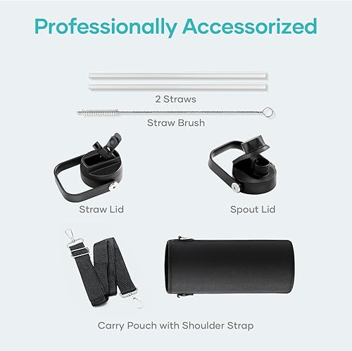 Miniatura 8 de BUZIO Botella de agua aislada con pajilla, botella de agua deportiva de acero inoxidable de 40 onzas de boca ancha, tapa flexible sin BPA y tapa con