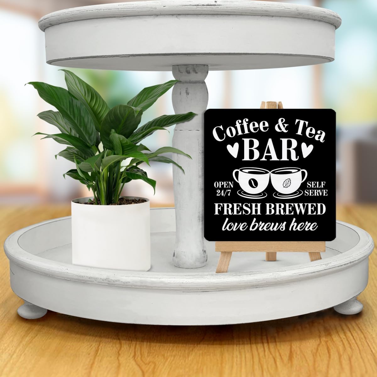 Coffee Tea Bar Desk Decor, Coffee and Tea Bar Wood Sign with Easel Home Kitchen Coffee Bar Coffee Shop Shelf Table Desk Decorations image 6 of 7 B0DL57W4NZ