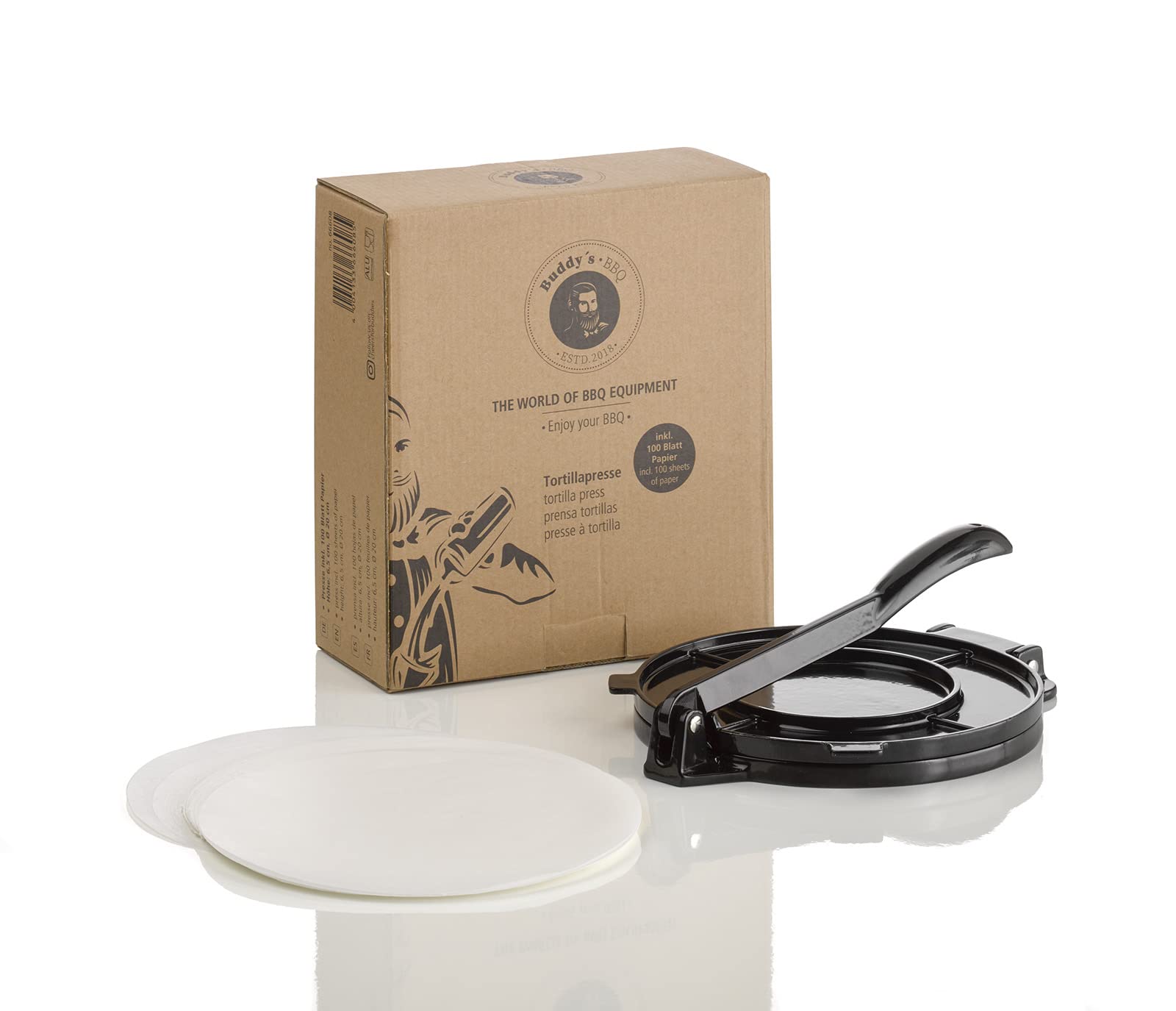 Buddy's BBQ - Prensa para tortillas, tortillas, tacos, enchiladas, burritos antiadherente, hierro fundido, negro, incluye 100 hojas de papel, diámetro 20 cm