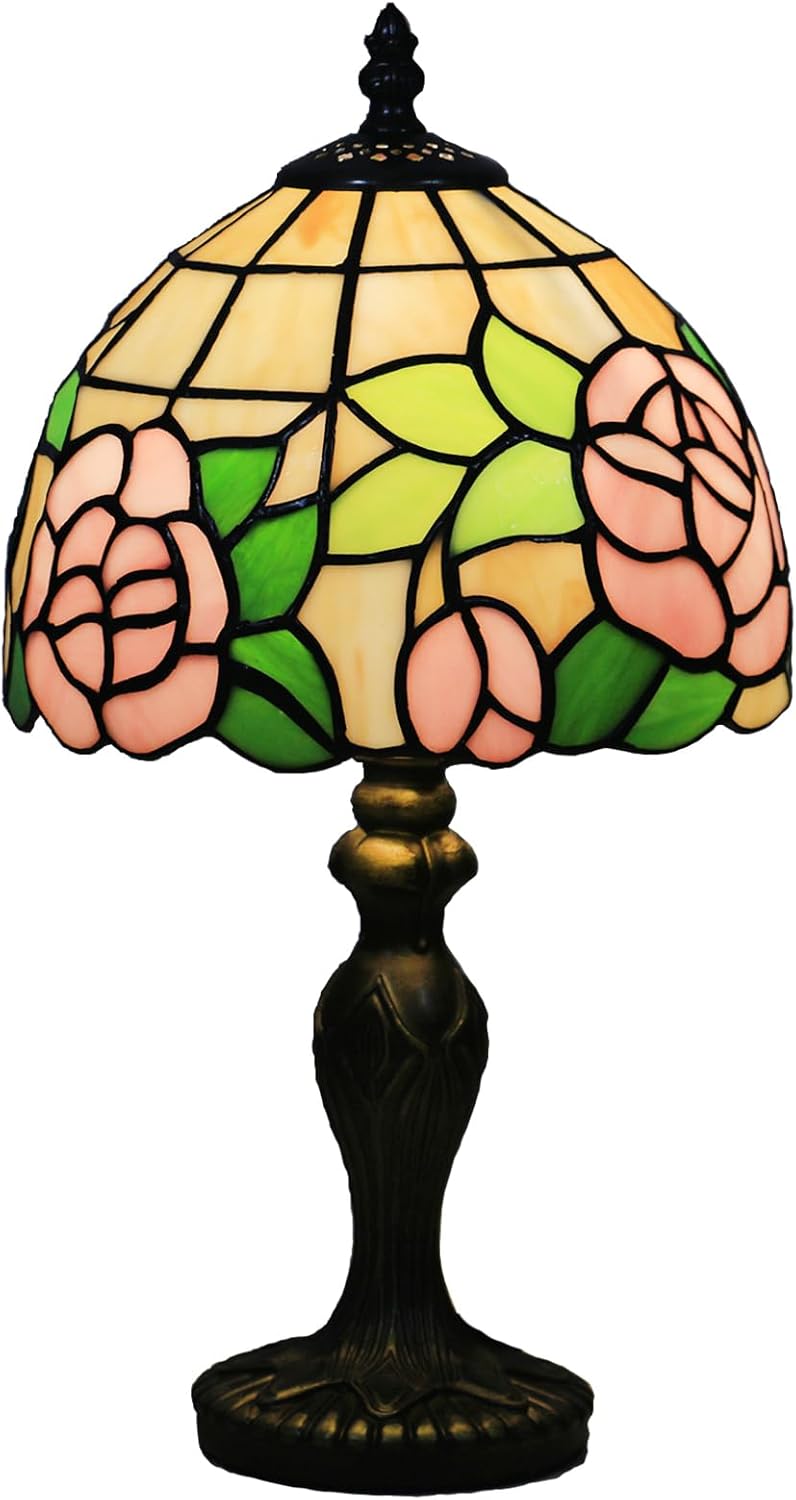Small Tiffany Table Lamp,3 Color Temperature Pink Rose Stained Glass Table Lamps for Living Room, Dining Room,Bedroom Bedside Nightstand Night Light,W/LED Bulb,8X8X15Inch