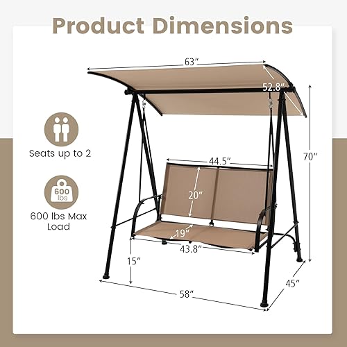 Miniatura 7 de HAPPYGRILL Columpio de porche para 2 personas con toldo, silla de columpio para patio al aire libre con marco de metal resistente, tela de asiento