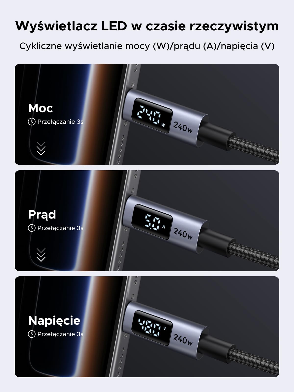 Kabel UGREEN 240 W USB-C do USB-C z wyświetlaczem cyfrowym, kabel do szybkiego ładowania PD3.1 z transferem danych 480 Mb/s i chipem E-Marker do modeli iPhone 17/16/15, Galaxy S25, MacBook (1 m)