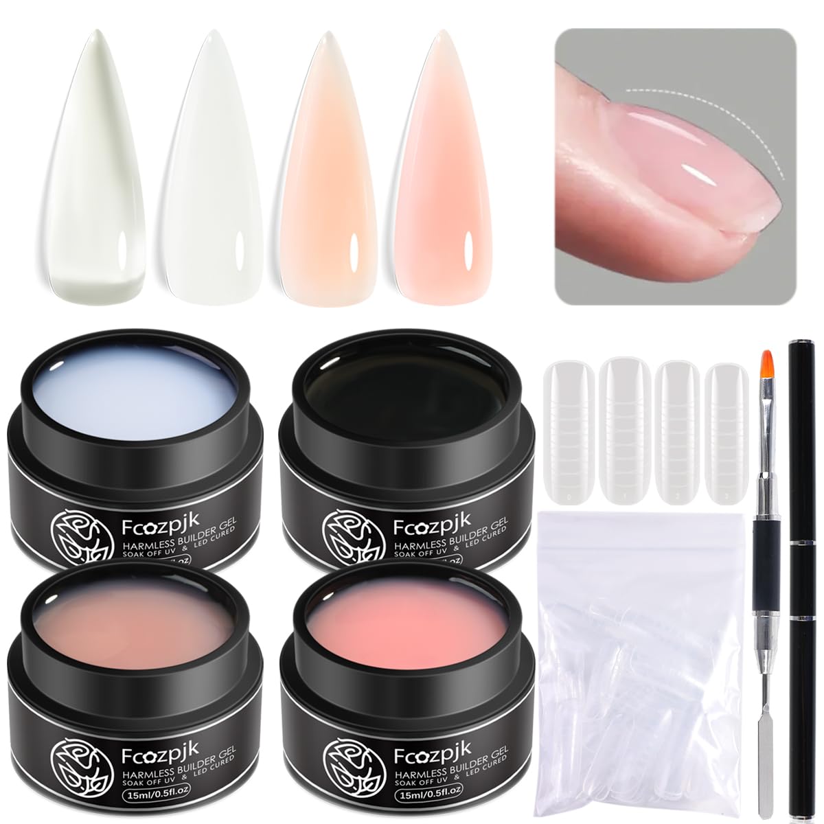 Fcozpjk Builder Gel for Nails, 4 Colors Thickening Builder Nail Gel Clear Milky White Nude Pink Nail Strengthener Gels Kit with Brush Pen Soak Off UV