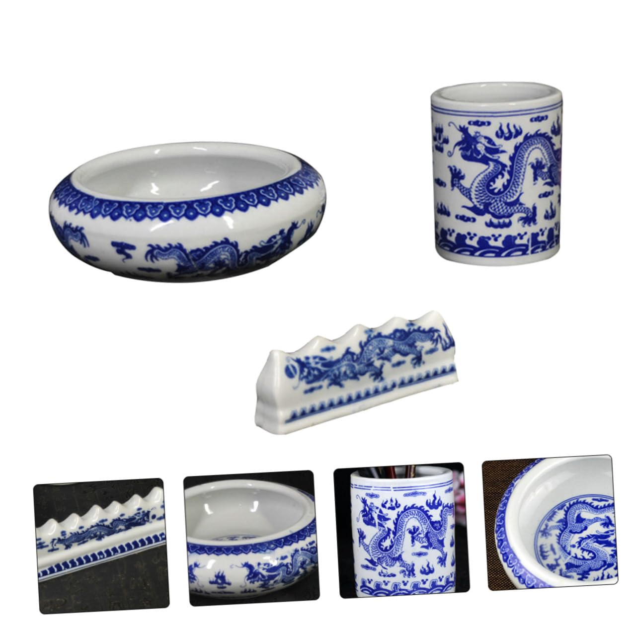 Ensemble Pot à Crayons Céramique Bleu et Blanc Petit, Bac à Laver Pinceaux Calligraphie Multifonction, Support Stylo Pinceau Cylindrique pour Bureau Artistique