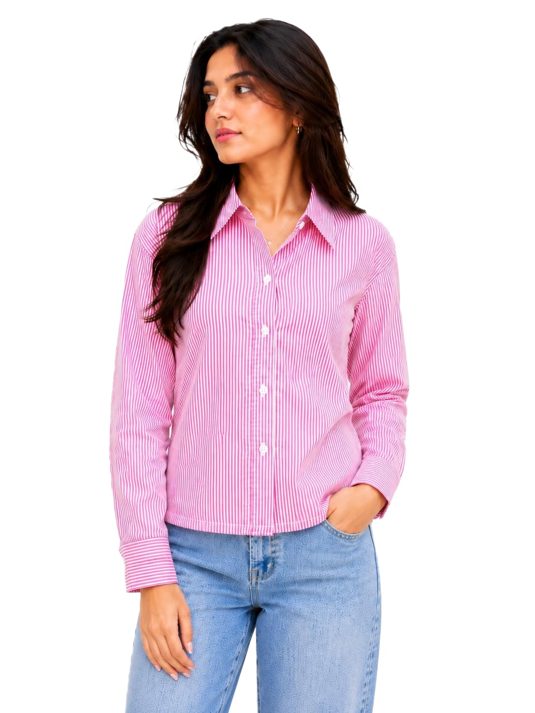 Women's Striped Cropped Shirt, Light Green, Long Sleeve, Button-Down, Lace-Up Back Detail-image-49