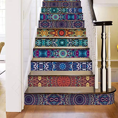 TUOKING 13 Strips Stair Stickers, PVC Home Decor Decals, Self-Adhesive Refurbished Staircase Murals, 39''L x 7''W, Tiles Pattern (Mandala Style)