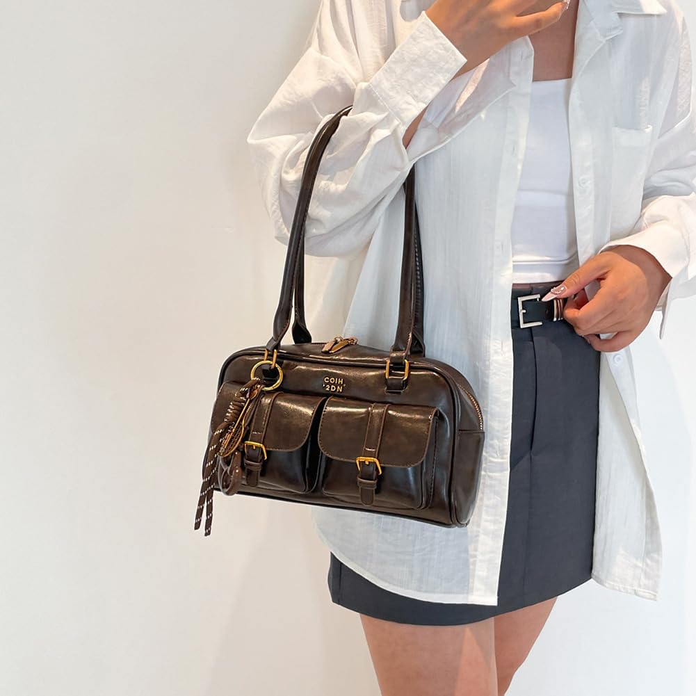 PU Leather Multi-Pocket Shoulder Bag - Solid Color with Pendant - Image 2