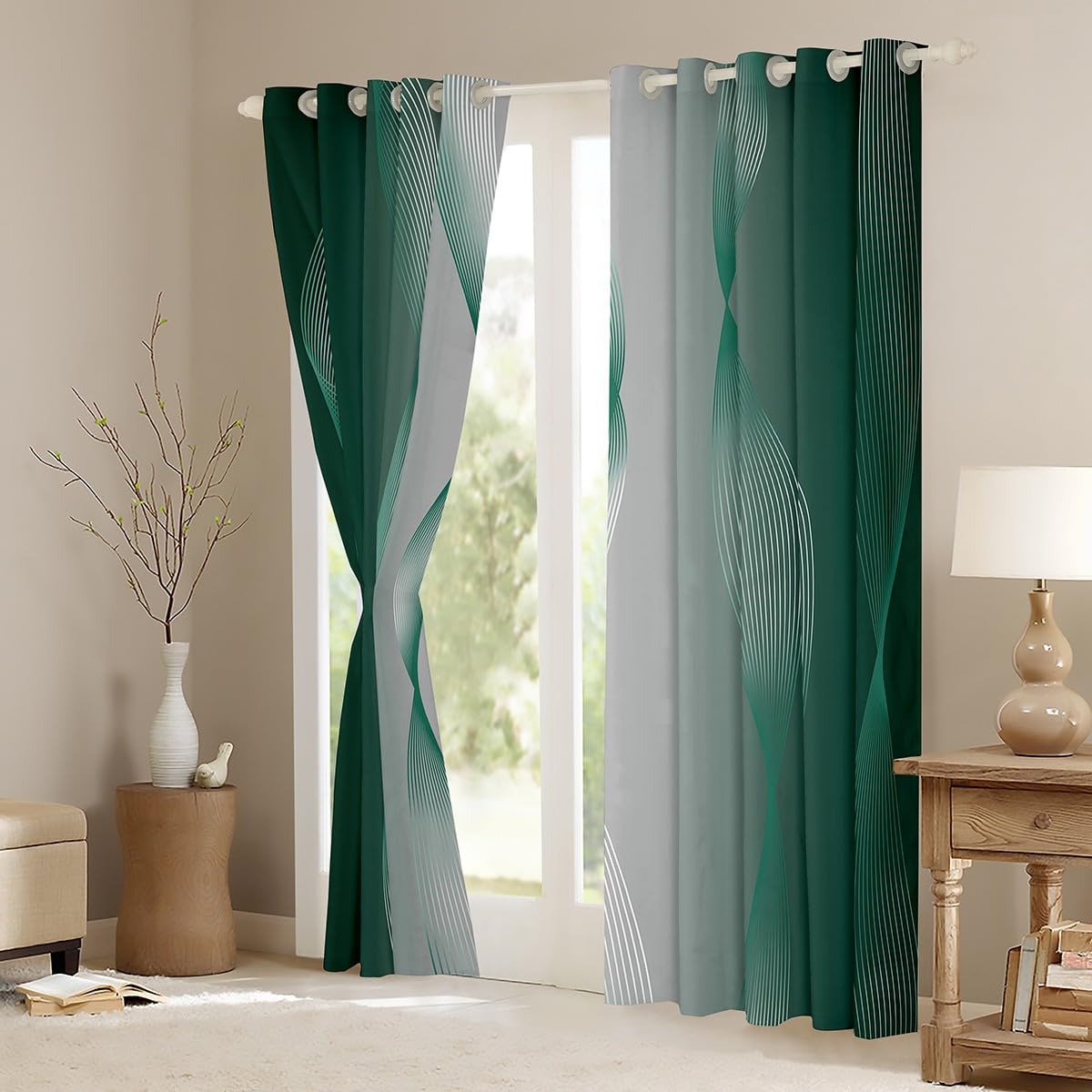 Homewish Gradient Green and Greyish White Blackout Curtains Ombre 2 Panels 66" Wx72 L Curtains & Drapes,Trippy Spiral Silver Wave Line Curtains,Abstract Art Room Decor Aesthetic - Image 4