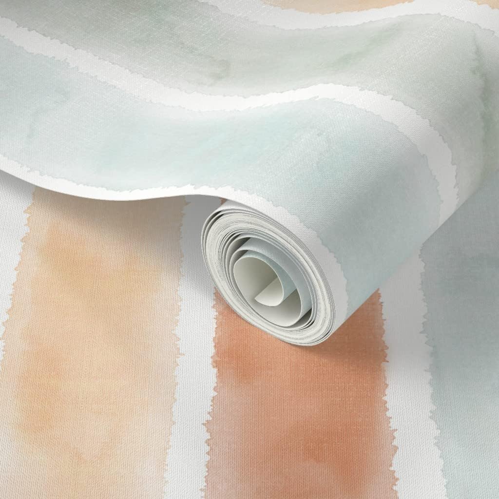 Peel & Stick Wallpaper 3ft x 2ft - Watercolor Stripes Mint Neutral Colors Vertical Lines Orange Green Custom Removable Wallpaper by Spoonflower