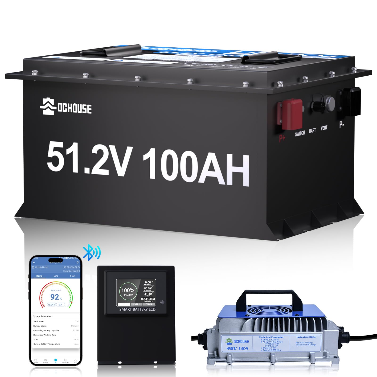 DC HOUSE 48V 100Ah Lithium Golf Cart Battery, Sturdy Metal Case Lifepo4 Battery with 48V 18A Charger, Bluetooth Mobile APP &Touch LCD Monitor, Built-in Smart 200A BMS, Peak Current 1000A Max