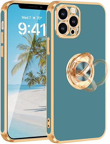 Fingic Funda para iPhone 12 Pro Max con soporte de anillo de 360 soporte magnético para tarjeta soporte de anillo giratorio borde dorado Funda