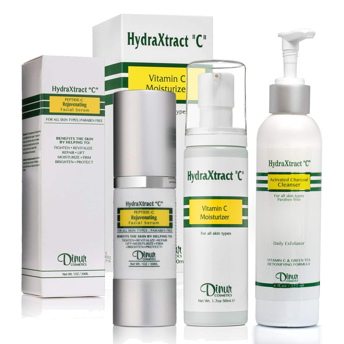 Dinur Cosmetics HydraXtract C Bundle Collection- Consisting of Vitamin C Moisturizer, Rejuvenating Peptide C Facial Serum and Activated Charcoal Cleanser