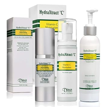 Dinur Cosmetics HydraXtract C Bundle Collection- Consisting of Vitamin C Moisturizer, Rejuvenating Peptide C Facial Serum and Activated Charcoal Cleanser