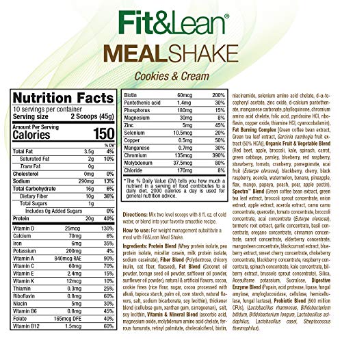 Fit & Lean Meal Shake Meal Replacement With Protein, Fiber, Probiotics And Organic Fruits & Vegetables, Cookies And Cream, 1Lb, 10 Servings Per Container #TOP1