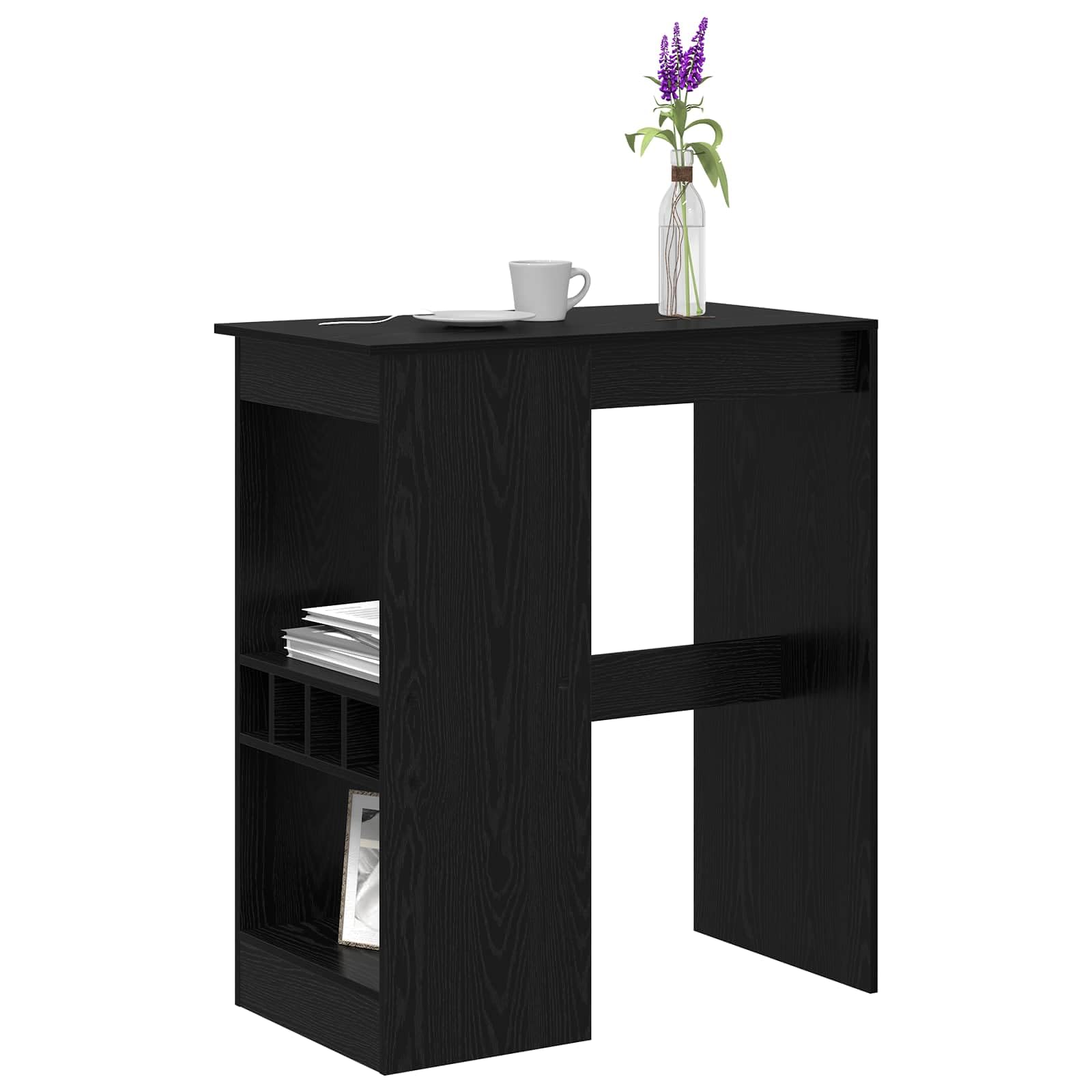 Stół barowy z regałem, kolor czarny, imitacja dębu, 90 x 47,5 x 103,5 cm, materiał drewnopochodny do kuchni, jadalni, blat meblowy, jako rozwiązanie oszczędzające miejsce