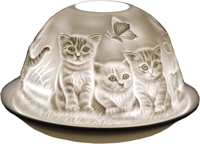 Cello Porcelain Tealight Holder Dome, Kittens Design, A stunning candle holder projecting a 3D image or loving message. Suitable to be used with scented and unscented tealights.