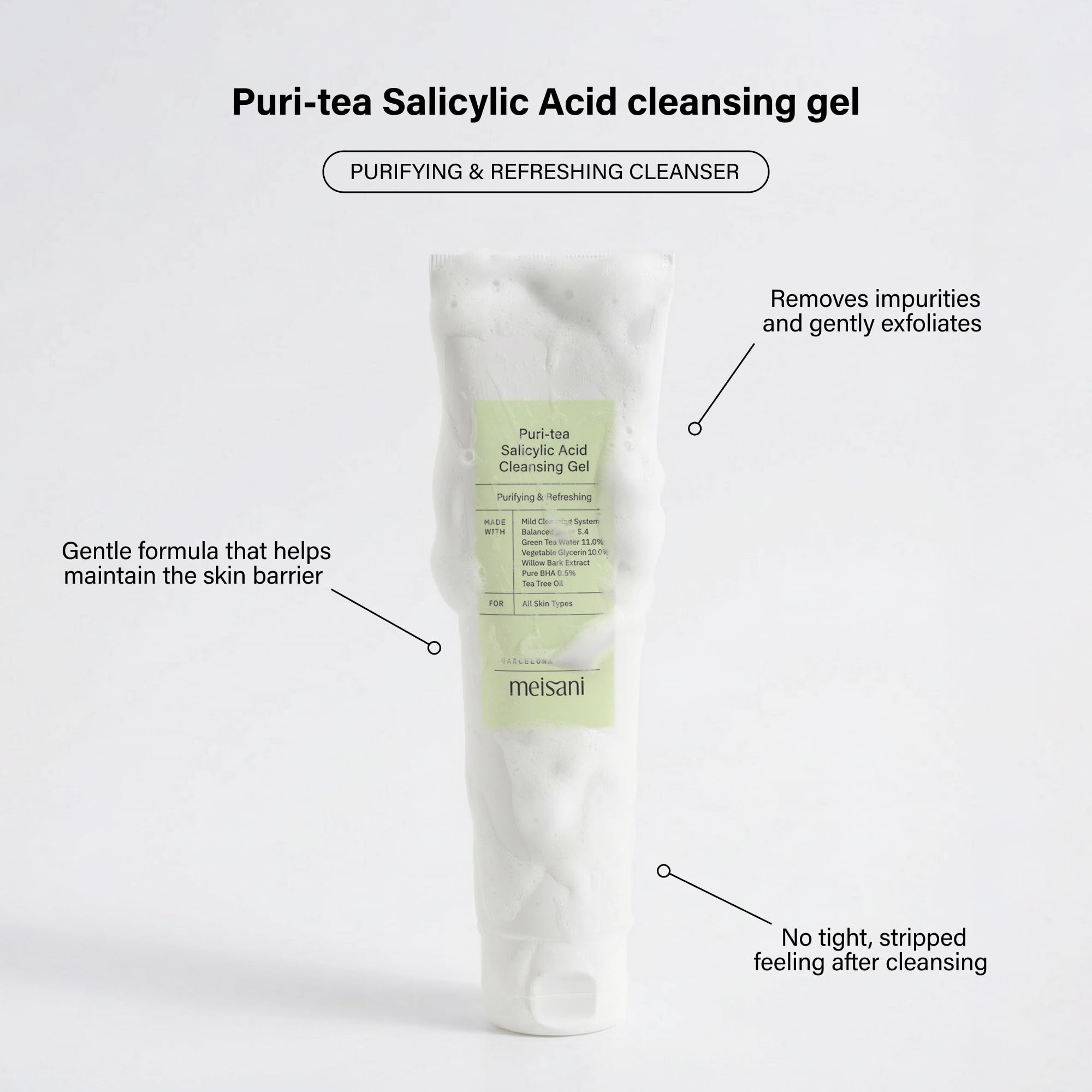 Meisani Puri-Tea Salicylic Acid Cleansing Gel, Nettoyant vegan, sans sulfate et au pH équilibré, 150ml