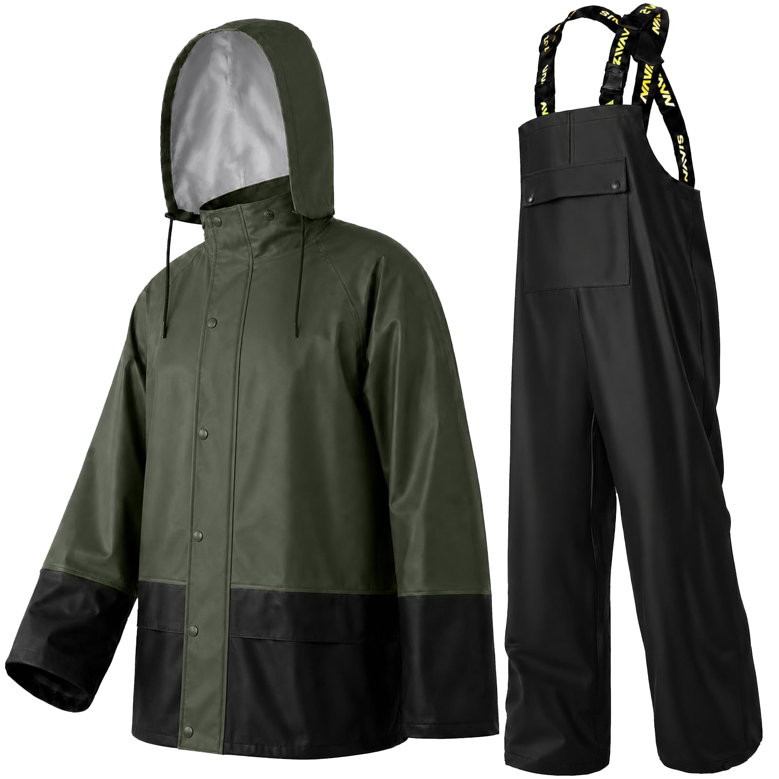 Men’s Workwear 3-Piece Waterproof PU Rain Suit Set | Hooded Jacket &amp; Bib Pants, Sealed Seams, Storm Flap, Adjustable Suspenders, Flap Pockets, Outdoor Work, Fishing, Farming