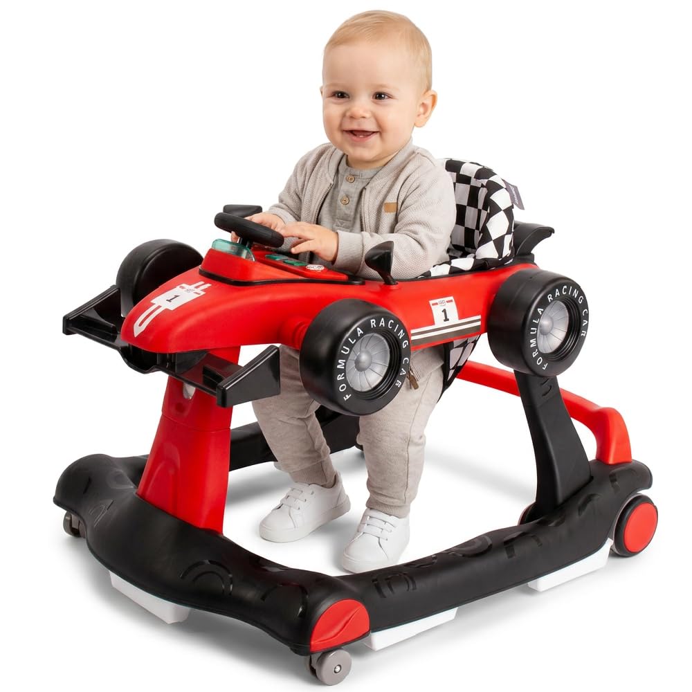 Andador para bebés Formula Racing, 6-18 meses, baby walker plegable con ruedas silenciosas, caminante con Empuje Regulable en Altura, coche de aprendizaje móvil con música y luz (Rojo)