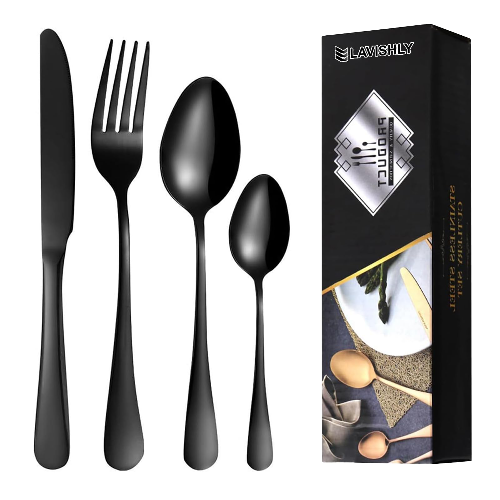 16-Piece Black Stainless Steel Flatware Set, LAVISHLY Mirror Polished Cutlery for 4 People, Durable & Dishwasher Safe Tableware