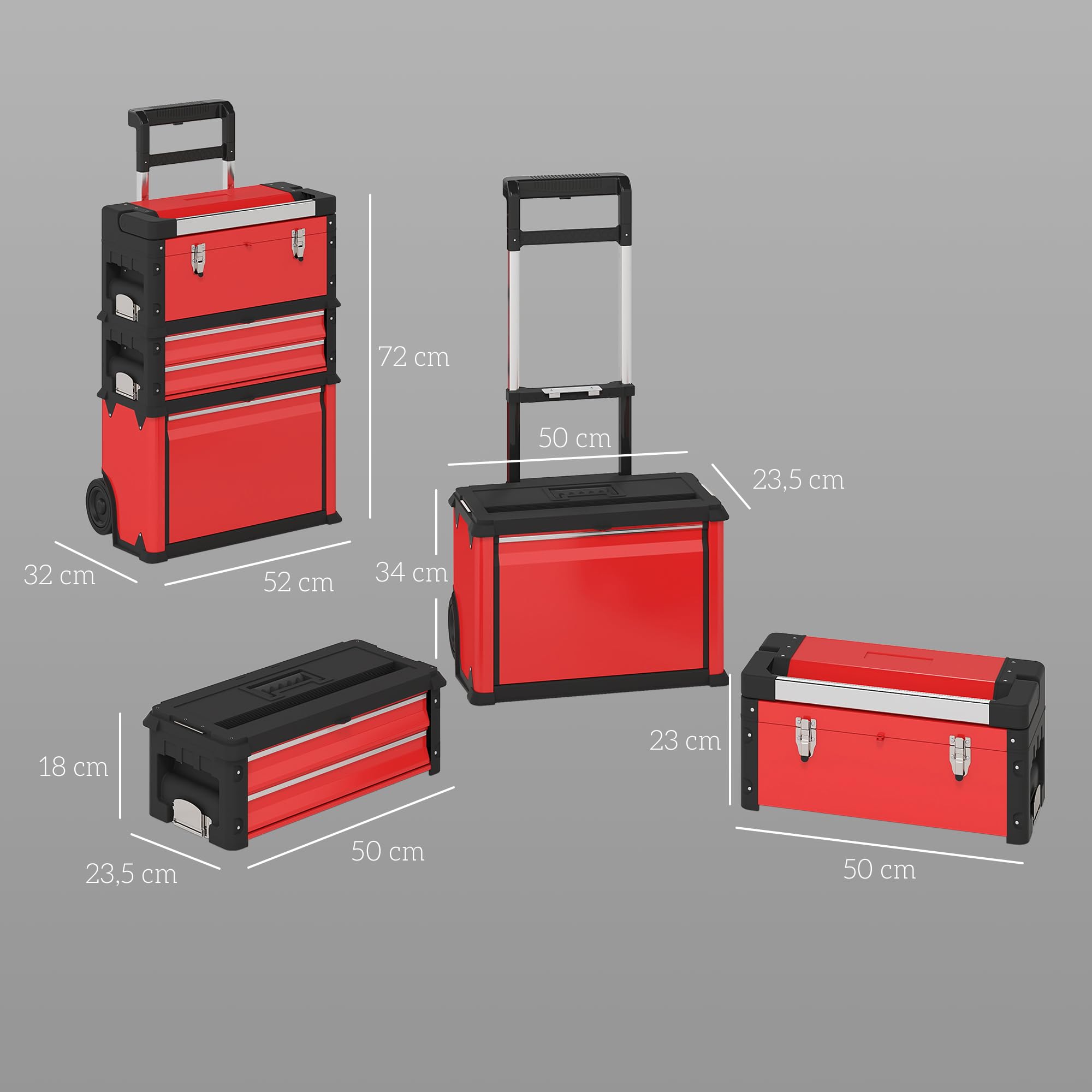 HOMCOM Lot de 3 Boîtes à Outils sur Roulettes Empilables Modulaires Rouge | Servante d'Atelier, Caisse à Outils sur Roulettes, Acier, Plateau, Poignées, Serrure, pour Garage, Entrepôt