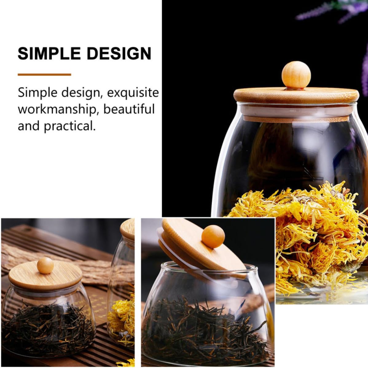 Tarros de Almacenamiento para Alimentos con Tapa Transparente, Vidrio y Madera, Juego de 3 Piezas, Fácil Limpieza y Diseño Práctico para Cocina y Despensa