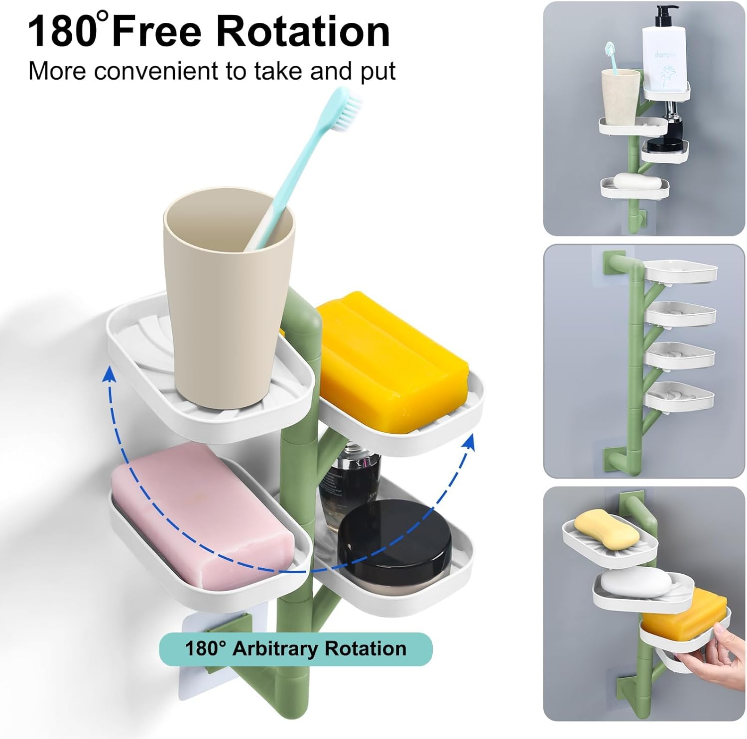 Soap Holder Four Layer Wall Mounted NO-Drilling Rotatable Self-draining Removable Soap Dish for Shower Bathroom Tray,Self Draining Sponge Holder,Razor Holder（White/Green） - Image 7