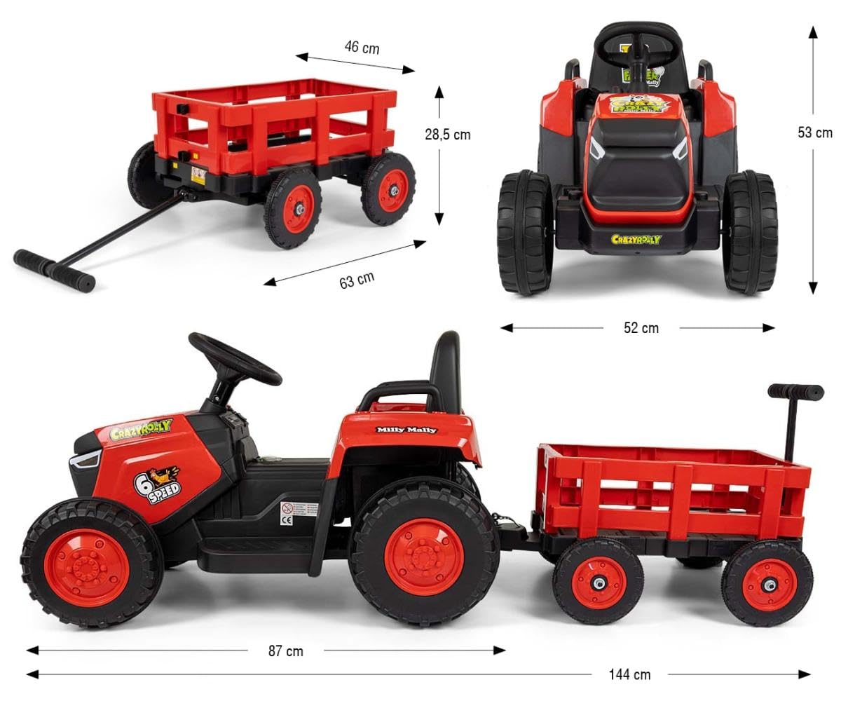 Trattore rosso con rimorchio